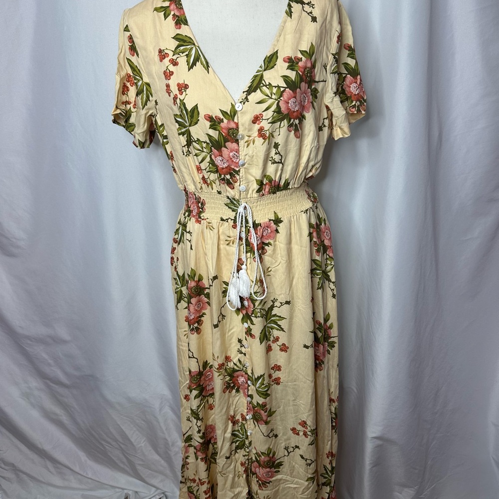 Light Yellow Cream Floral Flutter Sleeve Button Up Cinched Waist Maxi Dress